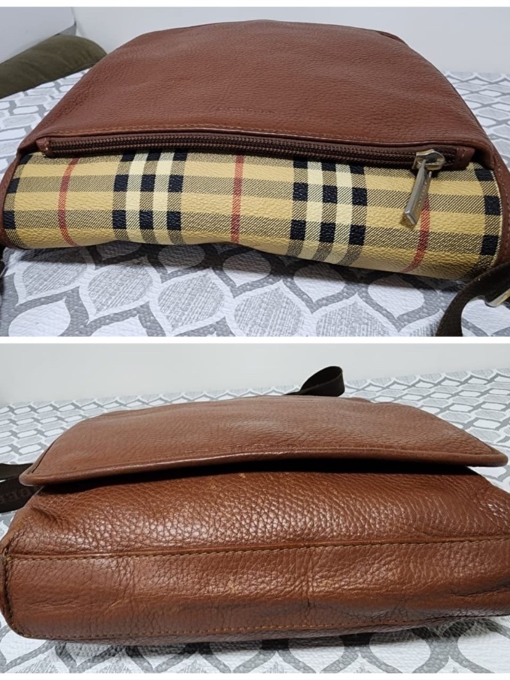 Authentic Burberry Vintage Haymarket Check Pebbled Messenger Bag Brown/Beige - Picture 7 of 14